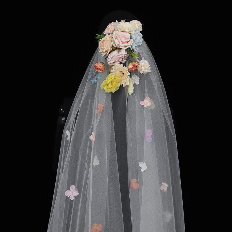 ウェディングベール レディース かわいい 造花 花モチーフ ロング丈 森ガール ナチュラル レトロ 仙女風 ファンタジー ビビッドカラー スイートスタイル 手作り 布素材 結婚式 パーティー アクセサリー