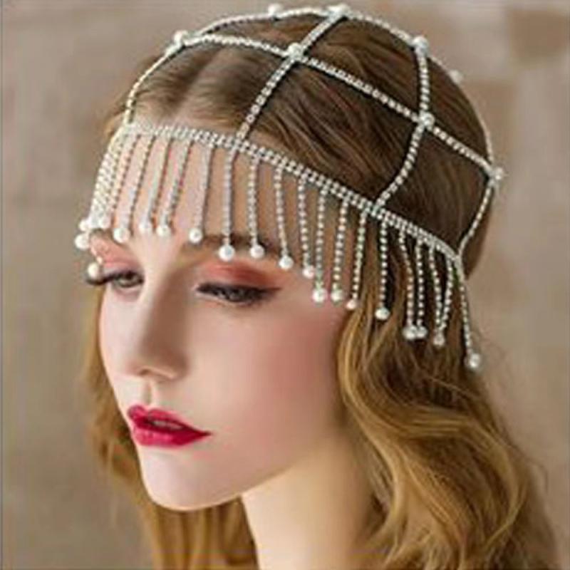 ヘアアクセサリー レディース ボヘミアン プリンセス ラインストーン パール フリンジ ヘッドチェーン ブライダル 額飾り 電気メッキ加工 夏 シルバー ゴールド