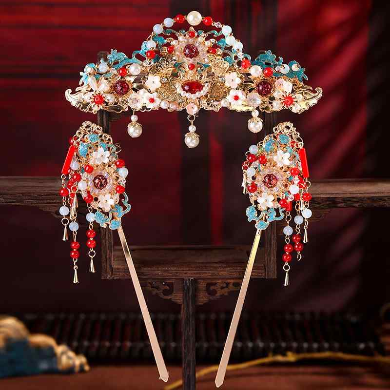 ヘッドドレス レディース ウェディング 中国風 結婚式 ヘアアクセサリー 全セット 唐風 明制 景泰藍 秀禾服 古装 ティアラ ヘア冠 かんざし 簪 華やか 伝統的