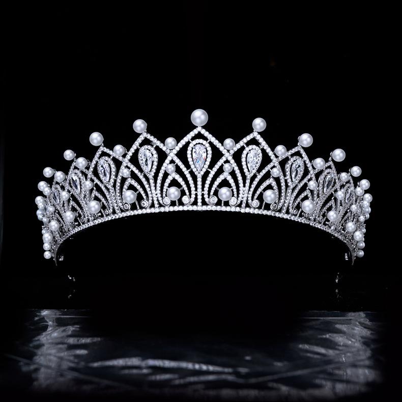ティアラ レディース プリンセス クラウン ジルコニア パール ヘッドアクセサリー ウェディング 結婚式 新婦 ブライダル 高級感 豪華 白水晶 銅メッキ ホワイトゴールド ヘアオーナメント