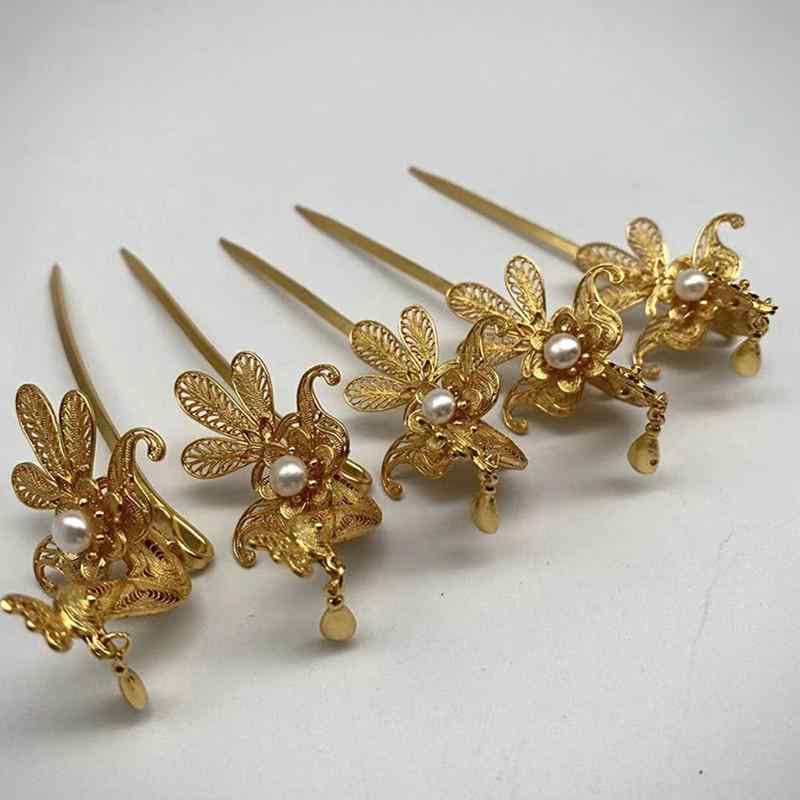 かんざし 髪飾り 純銀製 金メッキ加工 シンプルデザイン 小鳳凰モチーフ 古風スタイル 漢服対応 普段使い 結婚式用 手作り 花絲細工 明朝風