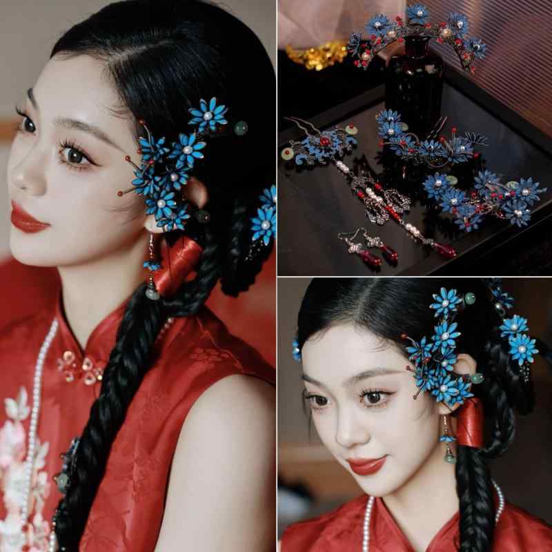 ヘアアクセサリー 女性 古風 中華風 点翠 緑 かんざし 花モチーフ 合金 手作り 漢服 秀禾服 馬面裙 春 かわいい おしゃれ 伝統 民族風 結婚式 フォーマル ドレスアップ