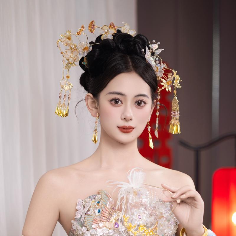 かんざし レディース 水晶 蝶 モチーフ 中華風 結婚式 ヘアアクセサリー 古装 漢服 ドレス コーディネート 復古 スタイル 電気メッキ加工 合金素材 淡いカラー 春 ギフト 誕生日 記念 日 ライト トーン ウェディング アクセ