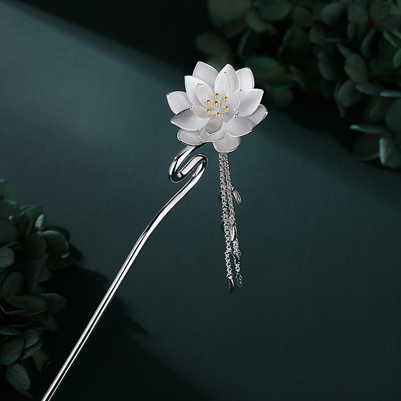 髪飾りつけ レディース しろがね色 かんざし 蓮の花 フリンジ 大時代 歩揺 花主題 メッキ産業 夏 愛くるしげ 今めかしい 髪の毛繰り合わせる 言い慣わしアクセ