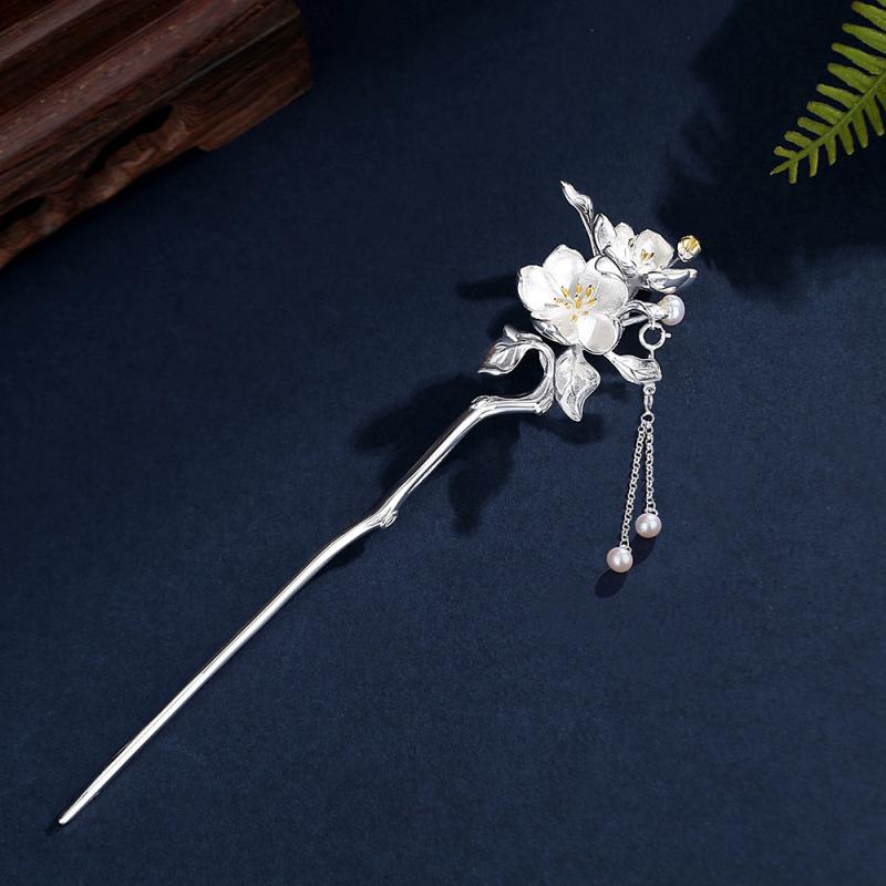 髪の毛付属物 レディース かんざし 髪の毛いの一番 海棠花 御花 画題 パール タッセル しろがね色 メッキ 御前上等感 雅びやか 大時代 自然的 夏 和風 今めかしい 表現スタイル