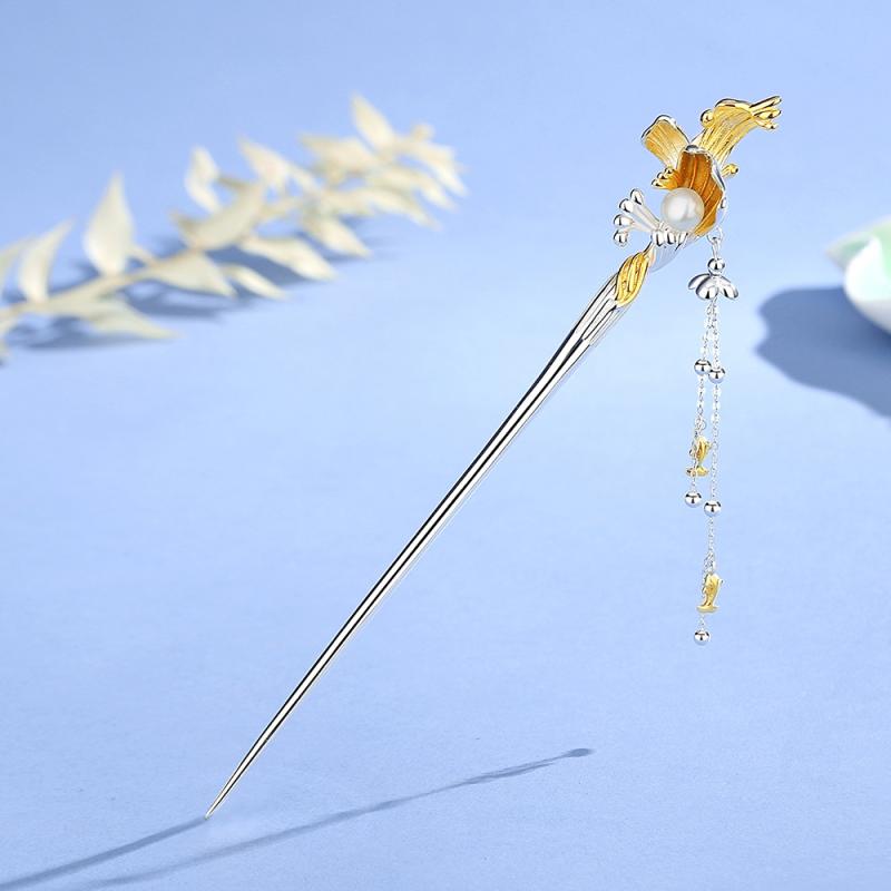 髪飾り レディース シルバー メッキ かんざし ウェーブ 小魚 流蘇 パール ディスク 古風 漢服 中国風 歩揺 かわいい ロマンチック デザイン タッセル モチーフ クラシック エレガント