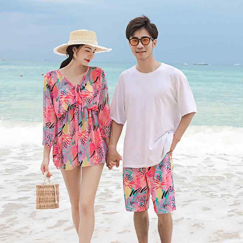 水着 メンズ レディース カップル ビーチセット スリム お腹カバー 若返り 三点セット スカートスタイル 小花柄 ナイロン ポリエステル フィットネス スイミング ビーチウェア サマー