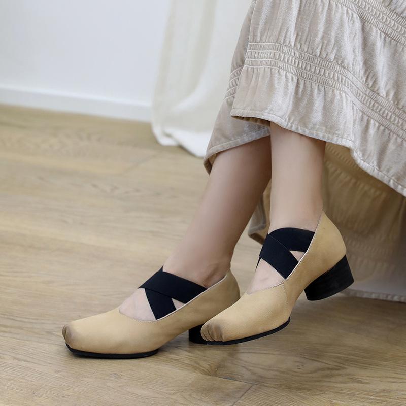 チャンキーヒールシューズ レディース 牛革 スクエアトウ 伸縮 ミッドヒール レトロ カジュアル 普段使い 黒 ベージュ ワインレッド 春秋｜ふんわり暮らし鞄店