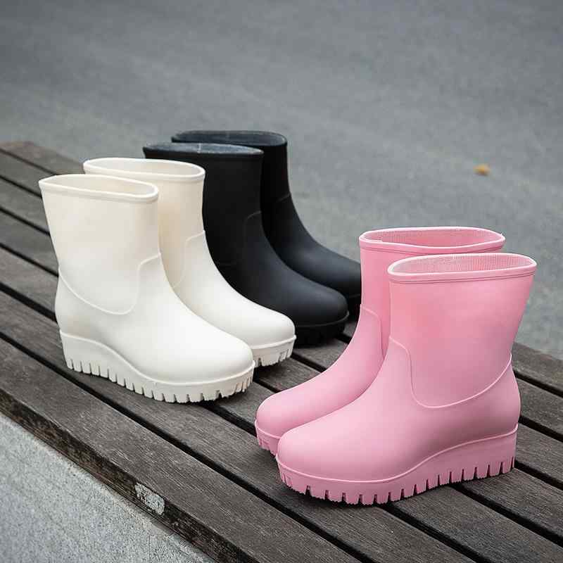 レインシューズ レディース 冬 厚底 中筒丈 防水 滑り止め 暖か 裏起毛 かわいい ファッション PVC 無地 ブラック アプリコット ピンク 普段使い トレンド スタイル