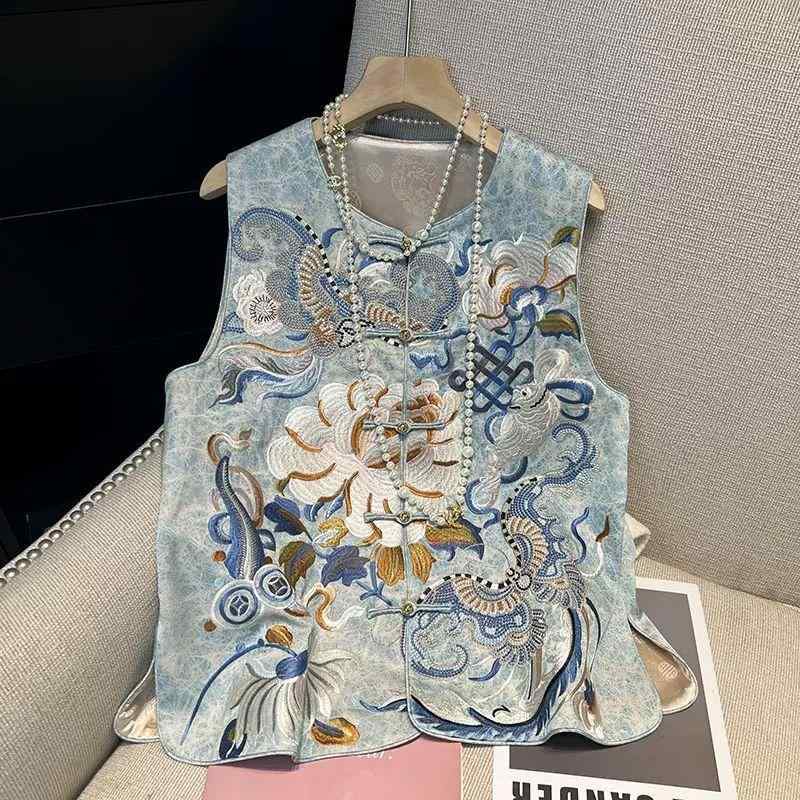 ノースリーブ ベスト レディース 夏 薄手 UVカット 中華刺繍 丸首 チャイナボタン 通勤 都市 エレガント ポリエステル 気質 スタンダードフィット