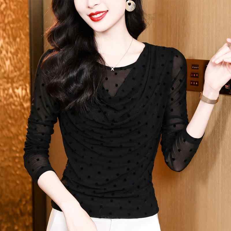 Tシャツ レディース 長袖 メッシュ 起毛 丸領 インナー ドット柄 スリムフィット ミドル丈 通勤 普段使い エレガント 春 黒 紫 赤 ストレッチ イージーケア アーバン