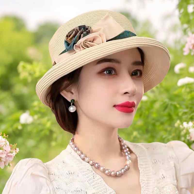 麦わら帽子 レディース フレンチスタイル 優雅 ロールブリム 花柄 織りリボン 麦わら編み 帽子 春夏 ベージュ カーキ 黒 通気性 UVカット 日よけ ファッション 通勤 軽量 紙素材 ショートブリム ラウンドトップ 百搭