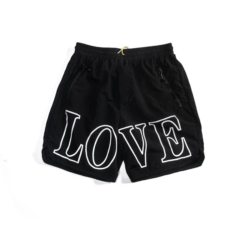 ショートパンツ メンズ 欧米ストリート ロック パンクテイスト LOVE英字プリント メッシュ シースルー カジュアル 普段使い 綿混 ストレッチ ミドルウエスト ドローストリング ブラック ハーフパンツ