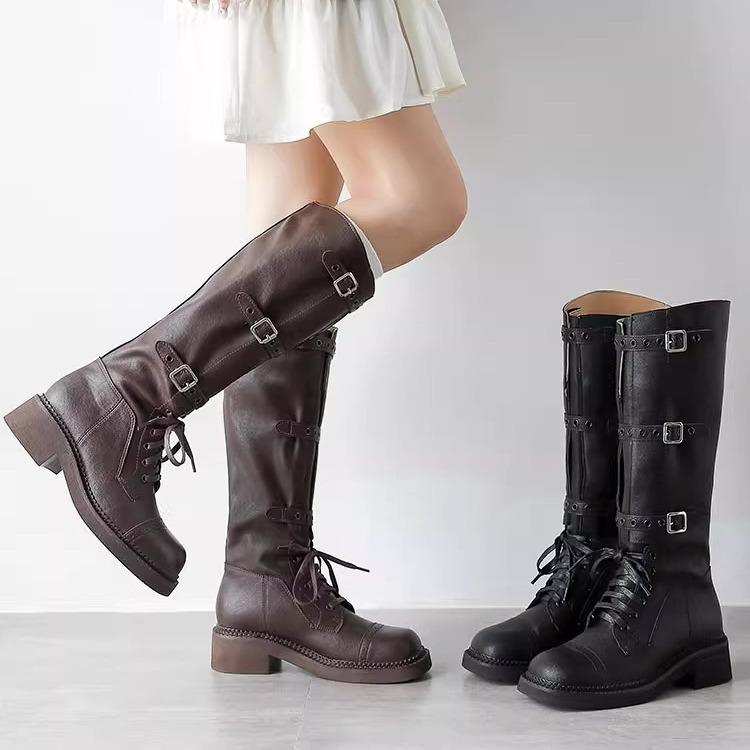 ブーツ レディース 女性用 レザー 牛革 レトロ クラシック ラウンドトゥ ベルトバックル チャンキーヒール 太ヒール スタイルアップ ロング ニーハイ ライダー ウエスタン カウボーイ ワークブーツ 滑り止め 耐摩耗