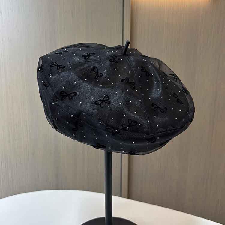 ベレー帽 レディース 韓国ファッション アクリル メッシュ ラインストーン 刺繍 リボン 八角帽 画家帽 高級感 通気性 UVカット 春夏 ブラック