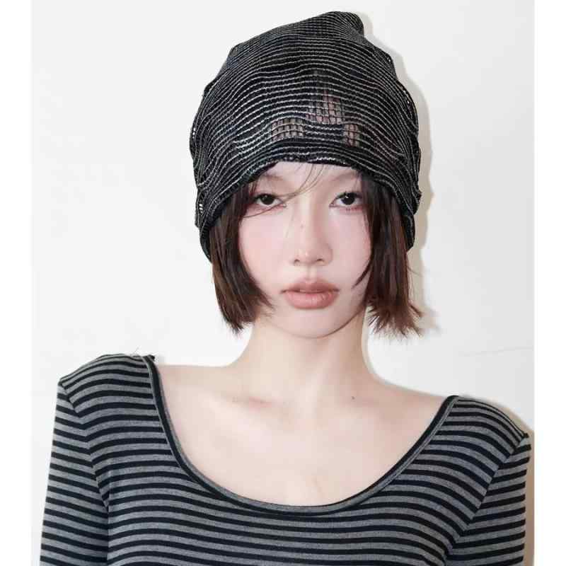 帽子 レディース 春夏 サマーニット帽 ワッチキャップ 薄手 通気性 接触冷感 透かし編み 抜け感デザイン ゆったりシルエット 小顔効果 おしゃれファッション小物 個性的カジュアルスタイル 綿素材 黒 白