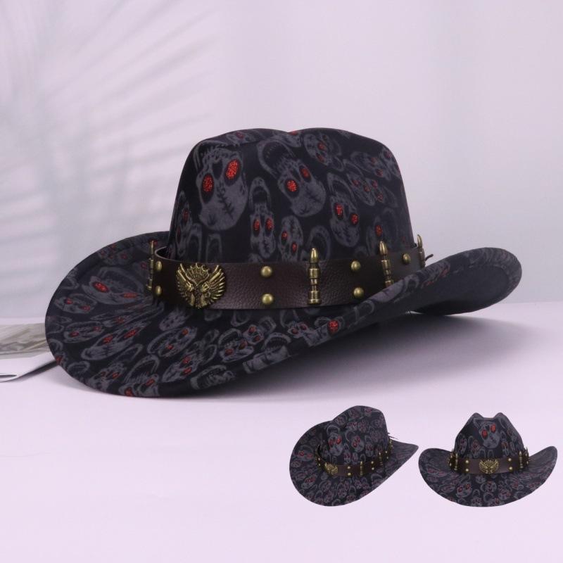ハット メンズ 高級感 欧米スタイル スカル カウボーイハット ジャズハット ドレスハット ハロウィンパーティー ワイドブリム ポリエステル 通気性 個性的 ブラック サテン加工 通年