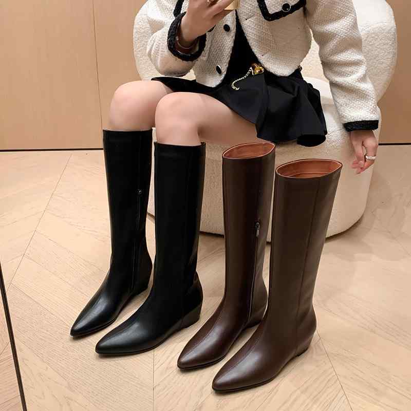 ロングブーツ レディース 上品 ポインテッドトゥ ストレート インヒール ミドルヒール ひざ下丈 牛革 韓国ファッション きれいめ エレガント 美脚 スタイルアップ 通勤 オフィス 普段使い ブラック ブラウン|ふんわり暮らし鞄店