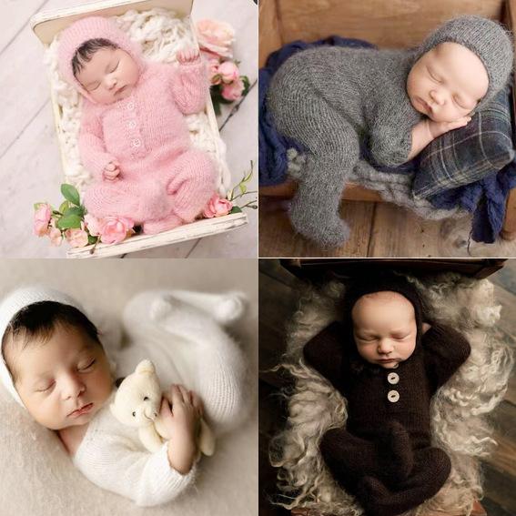 ベビー服 新生児 赤ちゃん ロンパース カバーオール 写真撮影 記念写真 モヘア 手編み ハンドメイド おしゃれ かわいい 欧米風 柔らかい ホワイト グレー ピンク ブルー