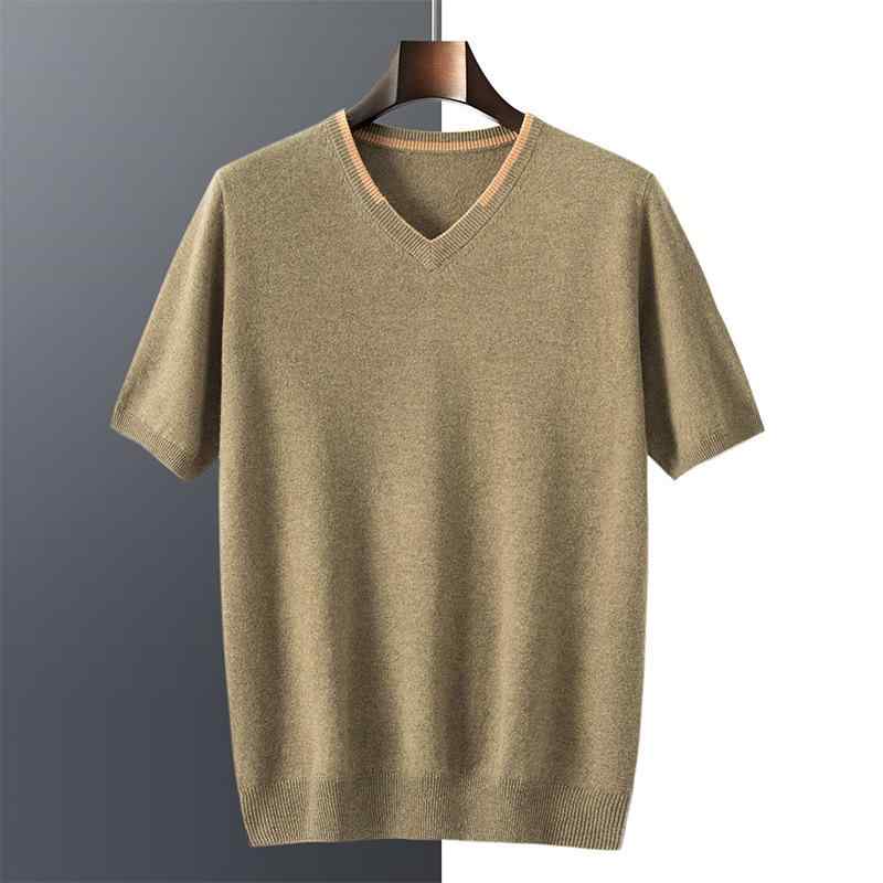 ニット メンズ 男性用 秋冬 カシミヤ 羊毛混紡 Vネック 半袖 ゆったり ルーズフィット プルオーバー 配色切り替え 保温 ビジネス カジュアル 通勤 デイリーユース グリーン系 グレー
