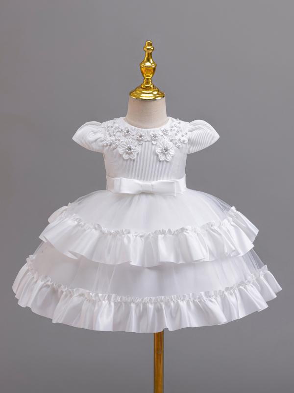 ドレス 女の子 キッズ ファーストバースデー 誕生日 発表会 結婚式 セレモニー プリンセス チュール レース フリルスリーブ ボリューム ふんわり フォーマル ポリエステル コットン 子供服 ホワイト ワインレッド ベージュ ピンク