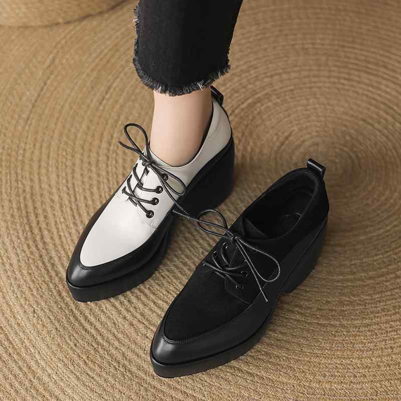 パンプス レディース 9cm 厚底 太めヒール 小柄向け 牛革 レザーシューズ ブリティッシュ レースアップ 深口 尖頭 黒白切り替え カジュアル 日常使い 春夏|ふんわり暮らし鞄店