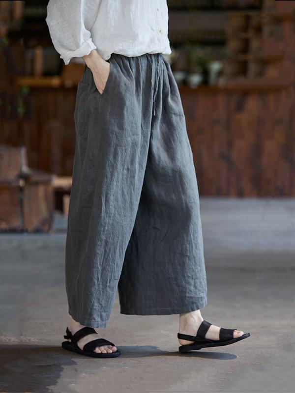 パンツ レディース グレー 麻 リネン ワイド 9分丈 ストレートシルエット ハイウエスト ウエストゴム ゆったり 細見え 上品 きれいめ 薄手 春夏 カジュアル ボトムス｜ふんわり暮らし鞄店