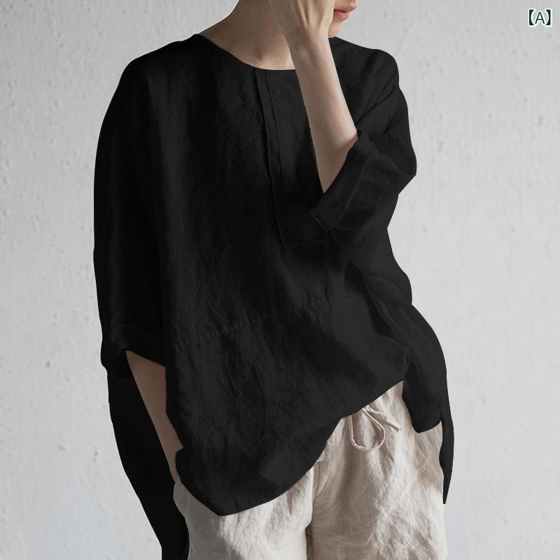 Tシャツ メンズ レディース 丸首 綿麻 後ろスリット 5分袖 ゆったり ラグラン袖 プルオーバー 無地 夏 カジュアル トップス 普段使い 快適 ポリエステル混紡 グレー 黒 カーキ