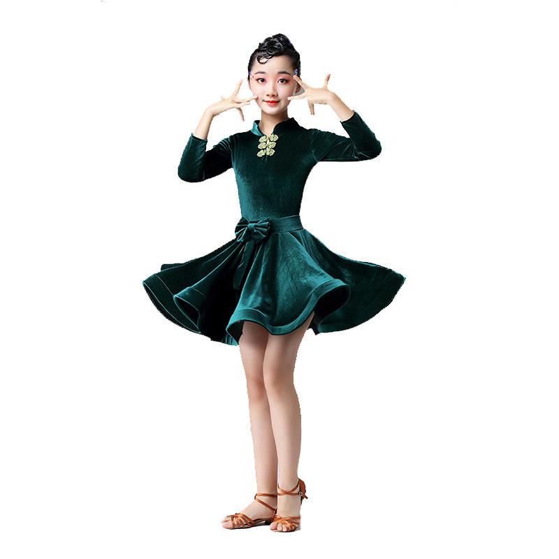 ラテン ダンス 衣装 女の子 子供 長袖 ベルベット 赤 規定服 競技 考級 プリンセス かわいい スタイル オールシーズン 柔らかい コットン 混紡 ポリエステル ダンスウェア 女児 ラテン舞踏 服 試合用 試験用 かわいい デザイン 動