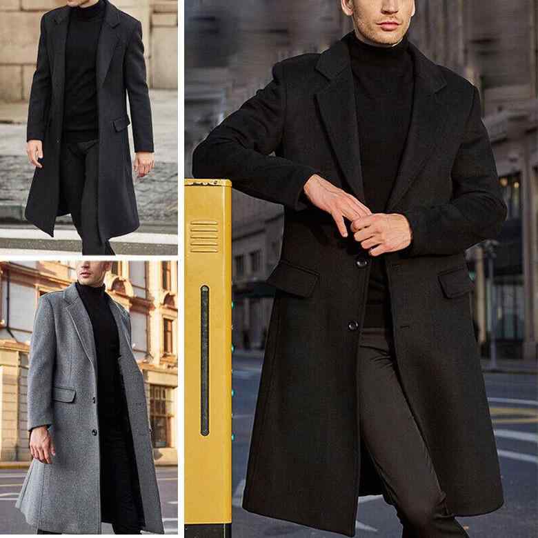 コート メンズ ウール調 ポリエステル ロング丈 ビッグサイズ ゆったり シングルブレスト ラペル 無地 切り替え ストレートヘム フラップポケット 黒 灰 冬 カジュアル