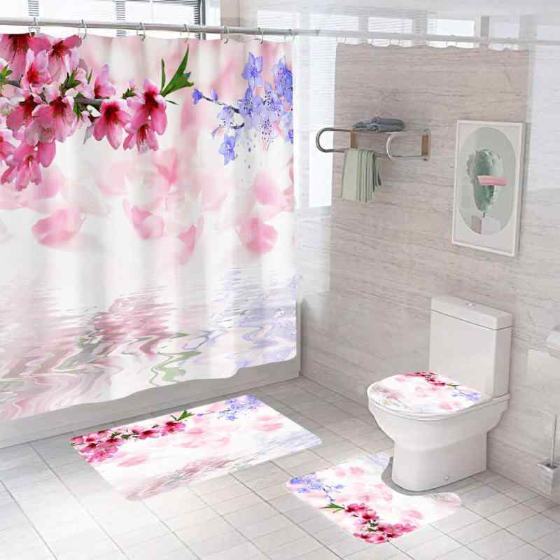 浴室カーテン 防水 ポリエステル 3D 花柄 プリント モダン シンプル バスルームマット トイレマット 3点セット 花柄デザイン 日常使い 滑り止め 浴室用品