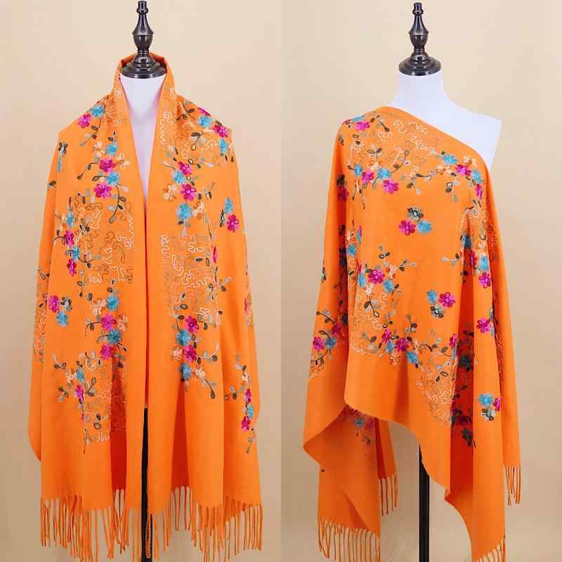 ショール レディース 秋冬 カシミヤ風 厚手 防寒 暖か エスニック 刺繍 梅花柄 フリンジ タッセル ロング 大判 ワイド 多機能 ストール ケープ ポンチョ 装飾 赤 ワインレッド 黒