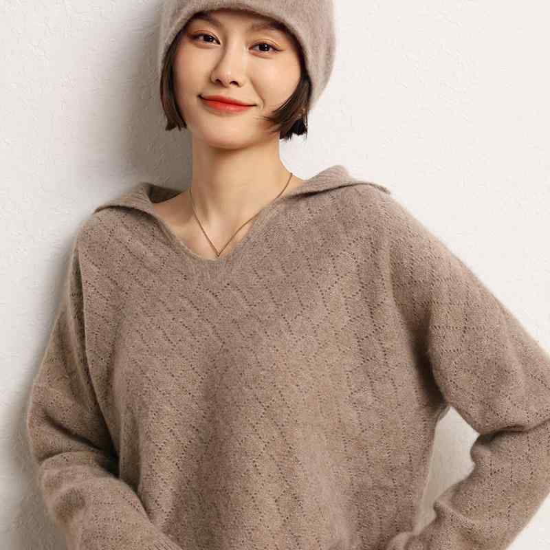 セーター ニット レディース 秋冬 長袖 ゆったり ジルコニア格子 ホロー シャツカラー ウール 混紡 シンプル エレガント カジュアル 青 紫