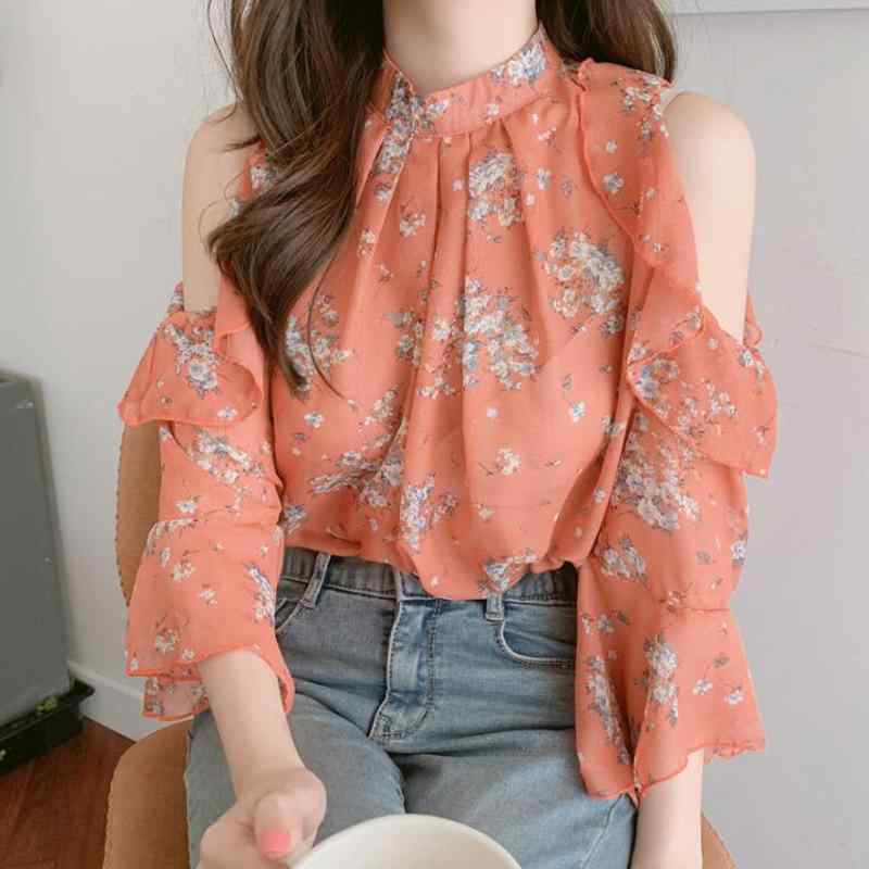 シャツ レディース オフショルダー 花柄 プリント フレア 長袖 シフォン ブラウス ルーズ スタンドカラー プリンセス スタイル 爽やか かわいい 春夏 ベージュ オレンジ