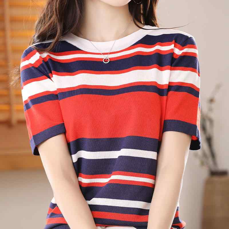 Tシャツ トップス レディース 夏 接触冷感 ストライプ 半袖 ニット ルーズフィット スリム コントラストカラー クルーネック 薄手 通勤 普段使い エレガント ファッション ポリエステル シック