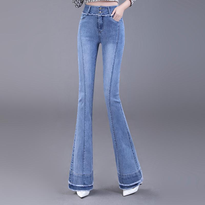 デニムパンツ レディース ハイウエスト 微フレア ロングパンツ フリンジエッジ ライトブルー コットンストレッチ デニム生地 日韓カジュアル エレガント 秋物 普段使い スリムシルエット ジップ付き 微弾力