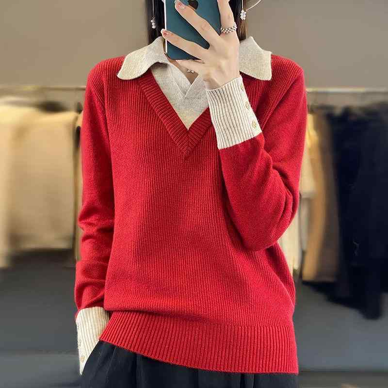 セーター レディース 秋冬 ノースリーブ ポロ襟 フェイクツーピース Aライン 中厚 インナー ニットトップス おしゃれ 大人女性風 甘めクリーン ビッグサイズ ベージュ キャメル レッド ブラック