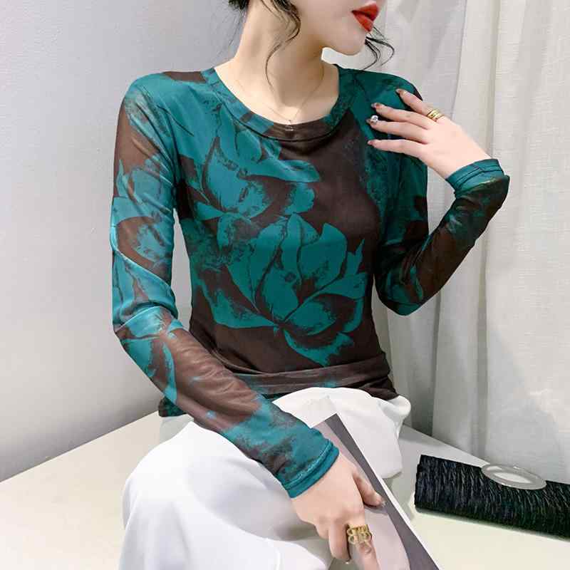 Tシャツ レディース クルーネック 長袖 花柄 プリント メッシュ ポリエステル 高伸縮 肌触り良い スリム インナー 通勤 カジュアル おしゃれ 春