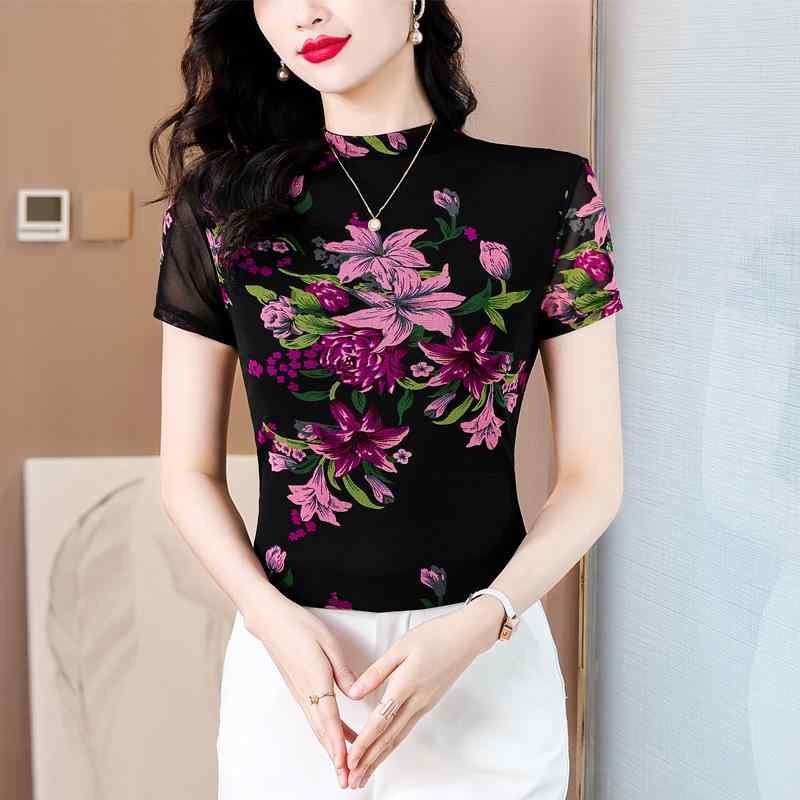 Tシャツ レディース ハーフハイネック 半袖 メッシュ ポリエステル ストレッチ 花柄 プリント スリムフィット 通勤 エレガント 薄手 トップス 夏 ブラウス