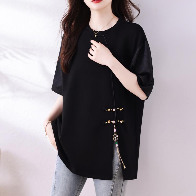 Tシャツ レディース 半袖 夏 チャイナ風 大きめ ゆったり ポリエステル 切り替え スリット クルーネック 中長丈 黒 白 エレガント ルーズ トップス 普段使い シンプル 単色 プルオーバー 普通袖
