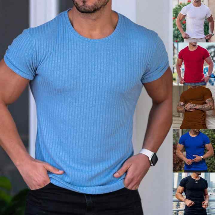 Tシャツ メンズ 夏 運動 フィットネス レジャー 半袖 クルーネック 縦ストライプ ストレッチ ポリエステル 通気性 スリムフィット 赤 黒 ライトブルー 青年向け ラグランスリーブ 無地 普通厚