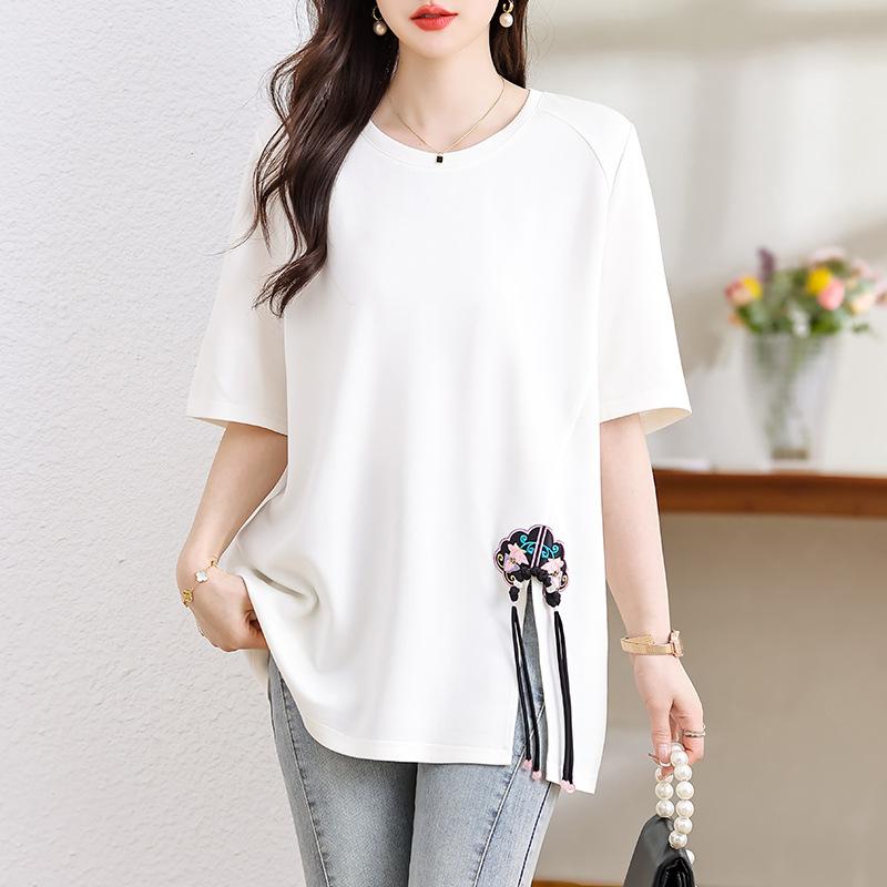 Tシャツ レディース 半袖 ゆったり チャイナ風 盤ボタン スリット 丸首 中長 夏 大サイズ ポリエステル 白 黒 エレガント レトロ カジュアル 普段使い