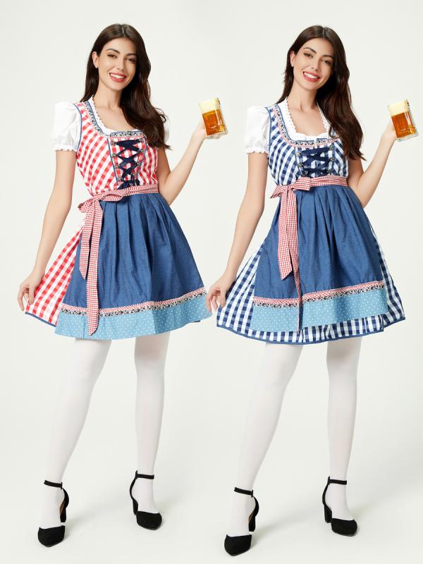 ドレス レディース ハロウィン オクトーバーフェスト メイド コスプレ 夏 ポリエステル 赤 青 三点セット ステージ パフォーマンス 衣装 フェスティバル