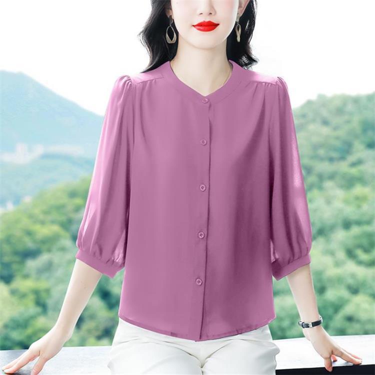 ブラウス レディース 夏 プリント柄 五分袖 ポロ襟 ストレート ゆったりシルエット ミドル丈 シフォン ポリエステル 通勤 エレガント ファッション 軽やか ブルー ディープピンク