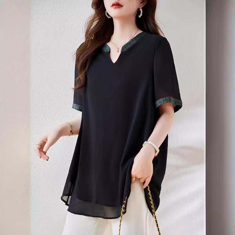 Tシャツ ブラウス トップス 復古風 ボヘミアン 黒 夏 カジュアル 普段使い 切り替え 半袖 ルーズ プルオーバー 中長 開襟 シフォン ポリエステル 純色 大きいサイズ エレガント おしゃれ スタイリッシュ