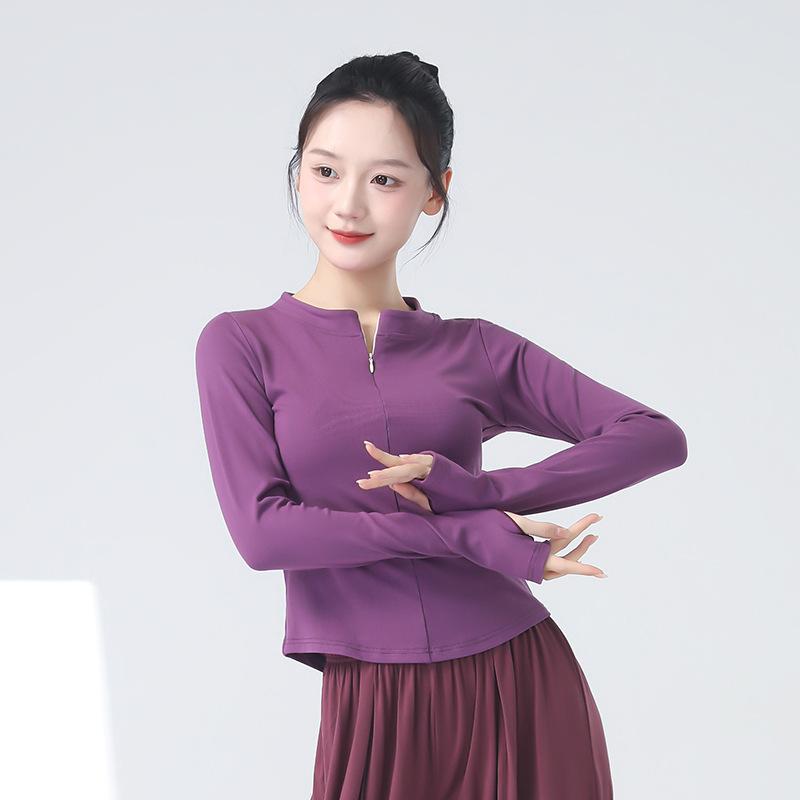 今日このごろ舞服 レディース Vのど首 編み物 長袖 トップス か細い填まる ファスナー 生まれ変わり衣料繊維 綿混紡 無地 秋冬 黒 薄墨色 赤銅色 社交ダンス読み合わせる 瑜伽お召しもの 容姿服