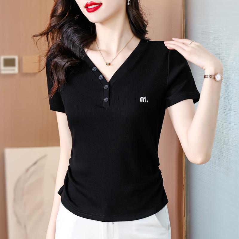 Tシャツ レディース Vネック 刺繍 黒 半袖 夏 シンプル スリム ニット トップス 通勤 カジュアル ポリエステル 切り替え ボタン プリーツ 純色 快適 普段使い