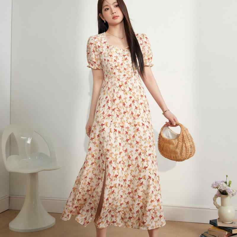 ワンピース レディース 単品 夏 かわいい フラワープリント Vネック パフスリーブ Aライン 高腰 中長丈 半袖 ビーチ リゾート レトロ スタイル ぽっちゃり 体型カバー スリム効果 杏