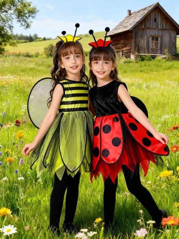 ダンス服 子供 女の子 かわいい 動物 コスプレ ミツバチ テントウムシ 長袖 チュール ポリエステル 切り替え オールシーズン 赤 黒 黄 パフォーマンス ハロウィン バレエ