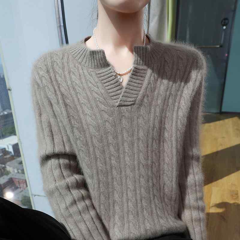 セーター ニット レディース Vネック 長袖 ゆったり シルエット ショート丈 プルオーバー 暖か 厚手 単色 ケーブル編み ウール混紡 インナー 通勤 秋冬 青 紫｜ふんわり暮らし鞄店